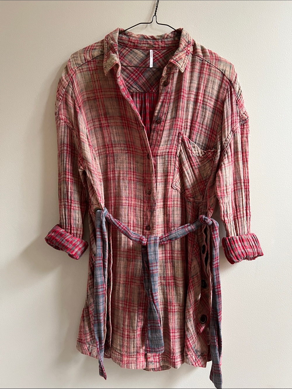 Free People Nordic Day Red Pink Plaid button down Long sleeve Plaid Shirt LaceUp - Picture 6 of 14